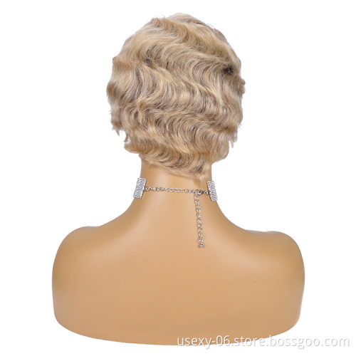 Short Curly Human Hair Wig Virgin Brazilian Human Hair Finger Wave Wigs for Black Women 613 Blonde Pixie Cut Wigs